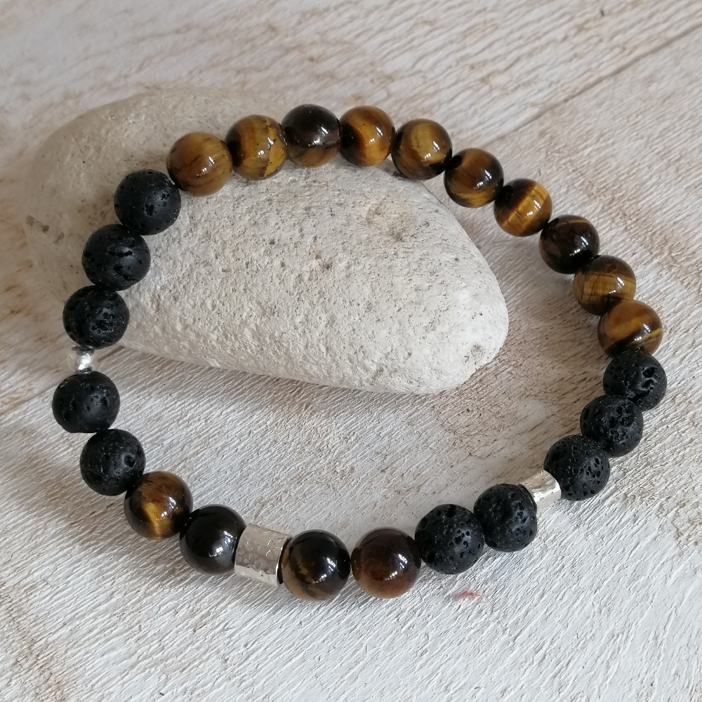 Bracelet œil Du Tigre Et Perles Argentées - Homme/Femme - Pierre Naturelle - Acier Inoxydable - Neuf Avec étiquettes
